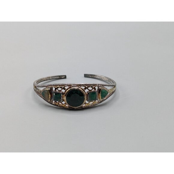 Green Stone Bangle Bracelet Sterling Silver 925 Filigree 21.72g 2.25" - Picture 2 of 11